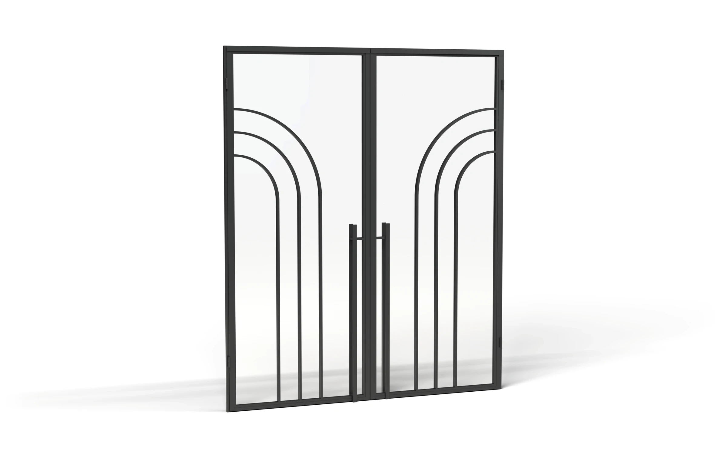 Fale w całości: drzwi dwuskrzydłowe ze stali i szkła, w każdym skrzydle trzy gięte szprosy, w drugim skrzydle w lustrzanym odbiciu, na jasnym tle